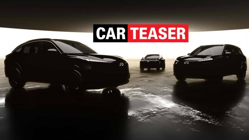 Η teaser εικόνα της Infiniti, η οποία παρουσιάζει στα αριστερά το QX65, στο βάθος το ηλεκτρικό SUV και δεξιά το ανανεωμένο QX60.